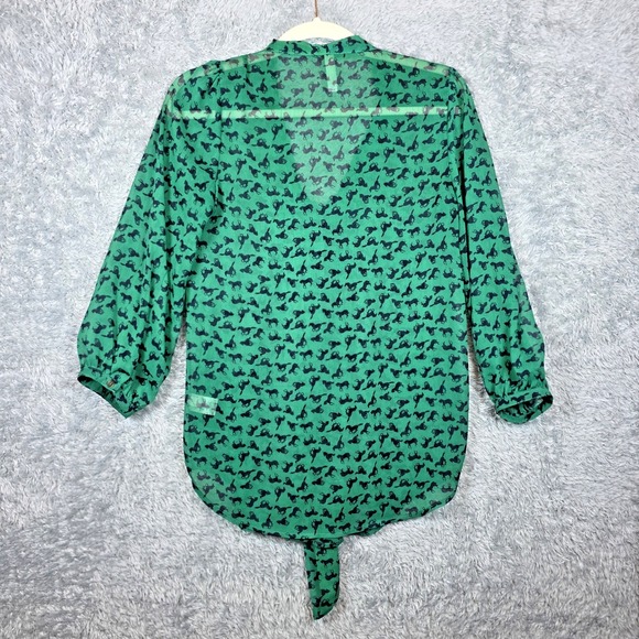 Sheer Green Navy Horse Print Chiffon V-Neck Tie Top 3/4 Sleeves Xhilaration S - Picture 8 of 9